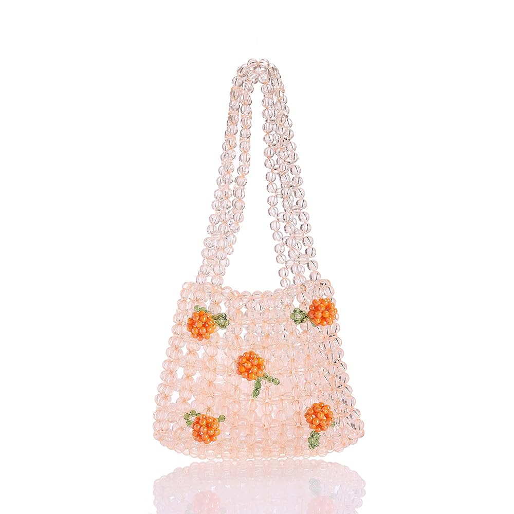 【新品】ビーズ装飾ショルダーパーティバッグ フリンジ付き Amazon | YIFEI レディース オレンジ色 透明 フラワー ビーズ